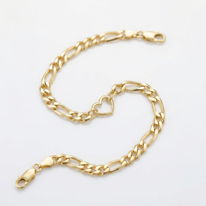14k Yellow Gold 7 inch Figaro Chain Bracelet with Heart