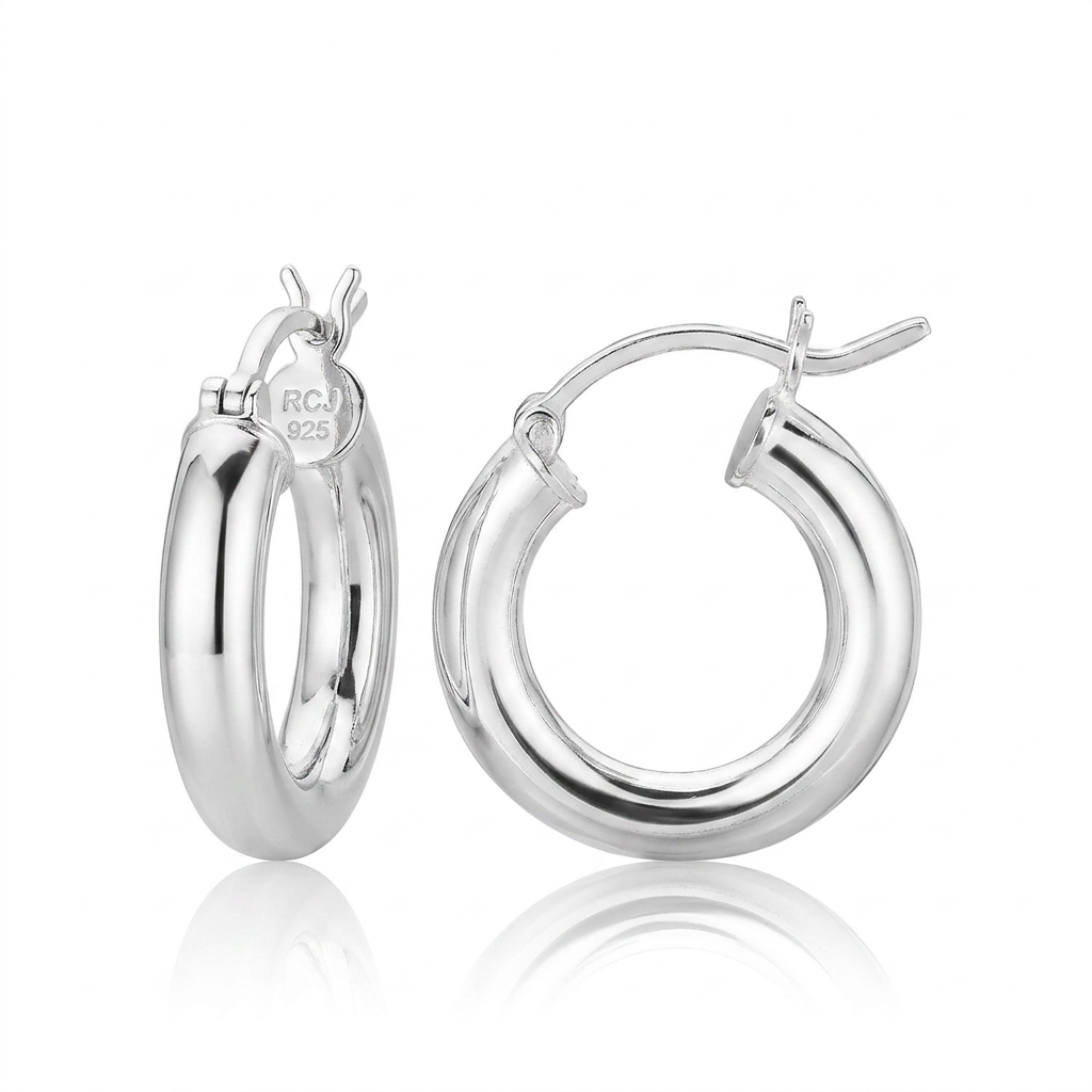 Sterling Silver Thick Polished Hoop Earrings with Rhodium Plating (15mm)  DestGlow