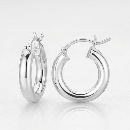 Sterling Silver Thick Polished Hoop Earrings with Rhodium Plating (15mm)