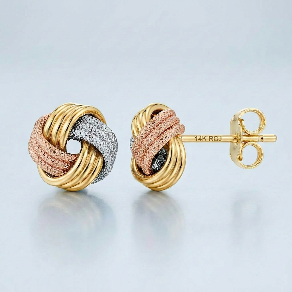 Love Knot Post Earrings in 14k Tri Color Gold
