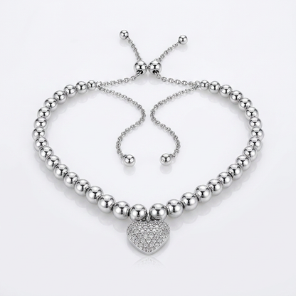 Adjustable Bead Bracelet with Round Charm Cubic Zirconias in Sterling Silver