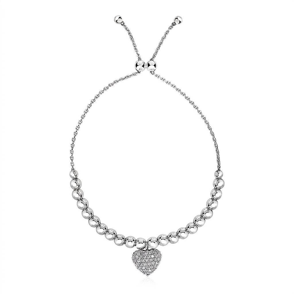 Adjustable Bead Bracelet with Round Charm Cubic Zirconias in Sterling Silver  DestGlow
