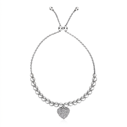 Adjustable Bead Bracelet with Round Charm Cubic Zirconias in Sterling Silver