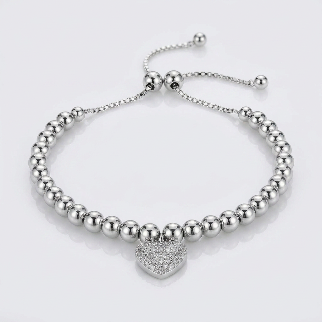 Adjustable Bead Bracelet with Round Charm Cubic Zirconias in Sterling Silver