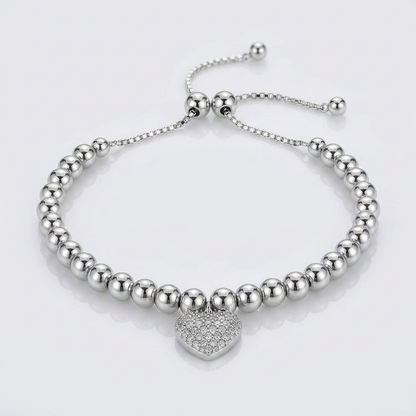 Adjustable Bead Bracelet with Round Charm Cubic Zirconias in Sterling Silver