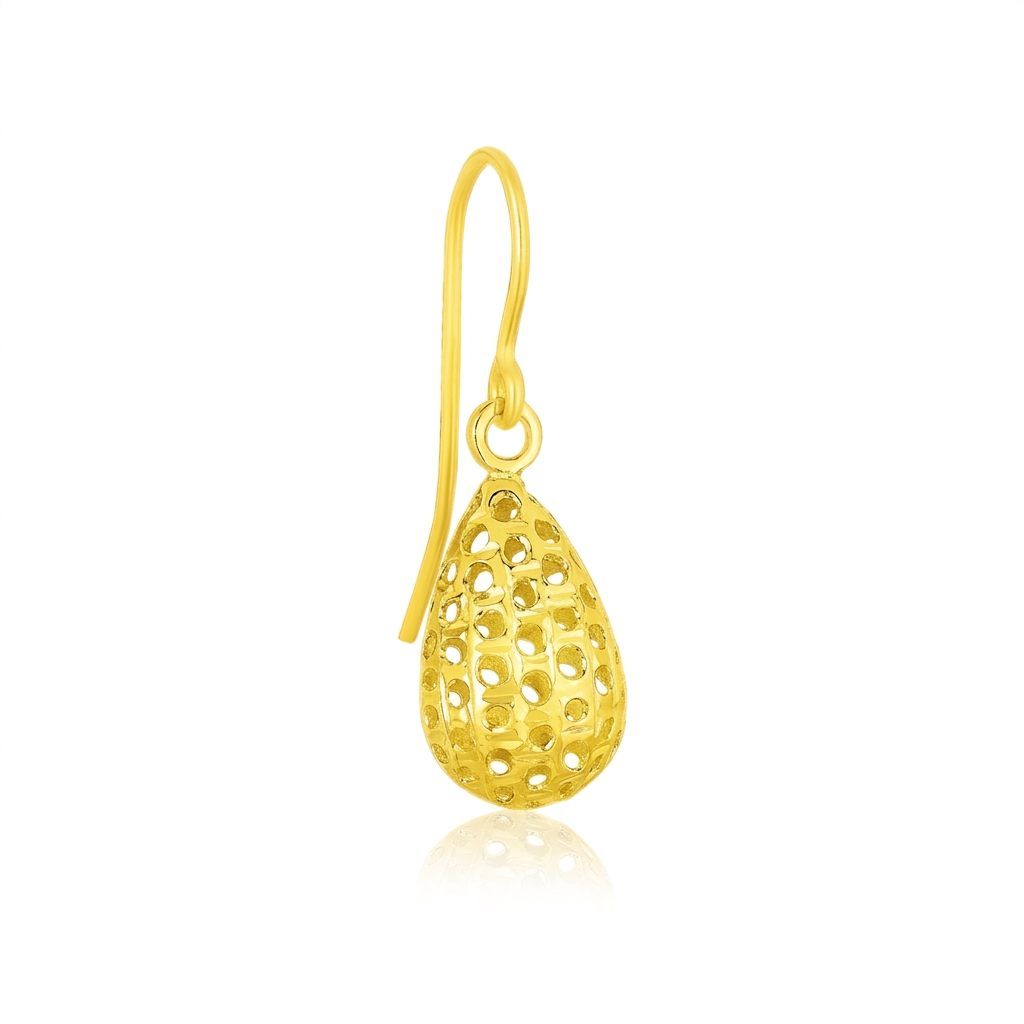 14k Yellow Gold Teardrop Drop Earrings with Honeycomb Texture