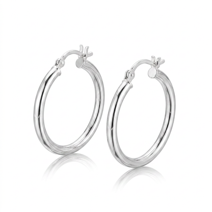 Sterling Silver Rhodium Plated Polished Look Hoop Earrings (25mm)