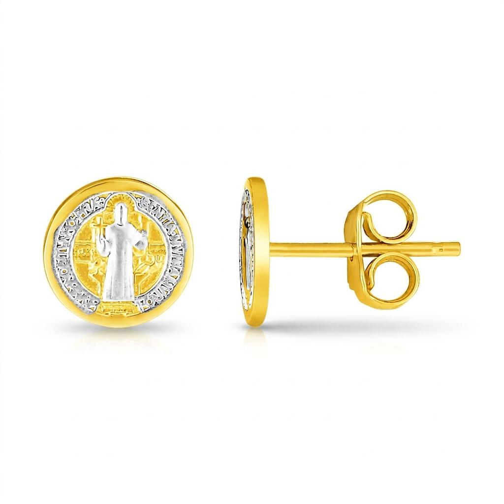 14k Two Tone Gold Round Religious Medal Post Earrings  DestGlow