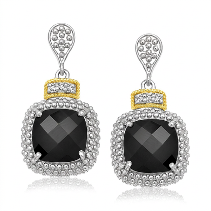 18k Yellow Gold &amp; Sterling Silver Black Onyx &amp; Diamond Earrings (.05cttw)