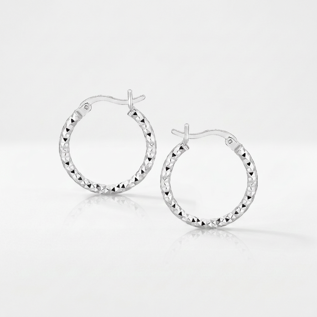 Sterling Silver Faceted Design Hoop Earrings with Rhodium Plating