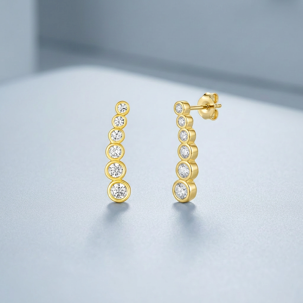 14k Yellow Gold Graduated Circles Climber Post Earrings with Cubic Zirconias