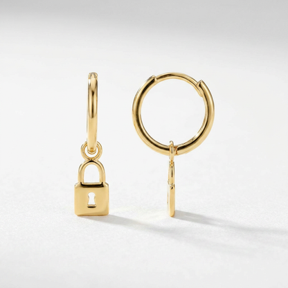 14k Yellow Gold Huggie Style Hoop Earrings with Padlock Drops