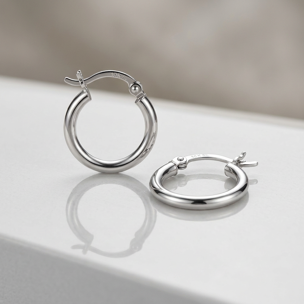 10k White Gold Polished Hoop Earrings (15 mm)  DestGlow
