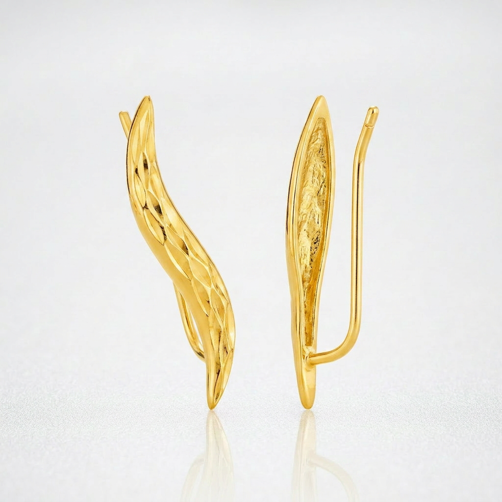 Textured Leaf Climber Earrings in 14k Yellow Gold