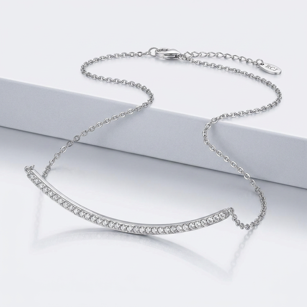 Sterling Silver Curved Bar Necklace with Cubic Zirconias  DestGlow
