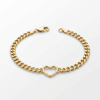 14k Yellow Gold 7 inch Curb Chain Bracelet with Heart