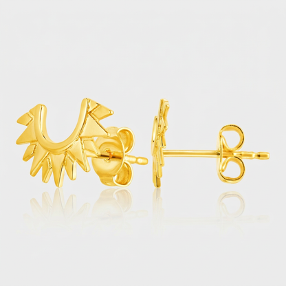 14k Yellow Gold Half Sunburst Post Earrings