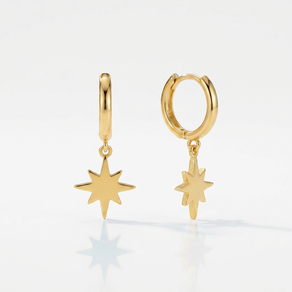 14k Yellow Gold Huggie Style Hoop Earrings with Star Drops