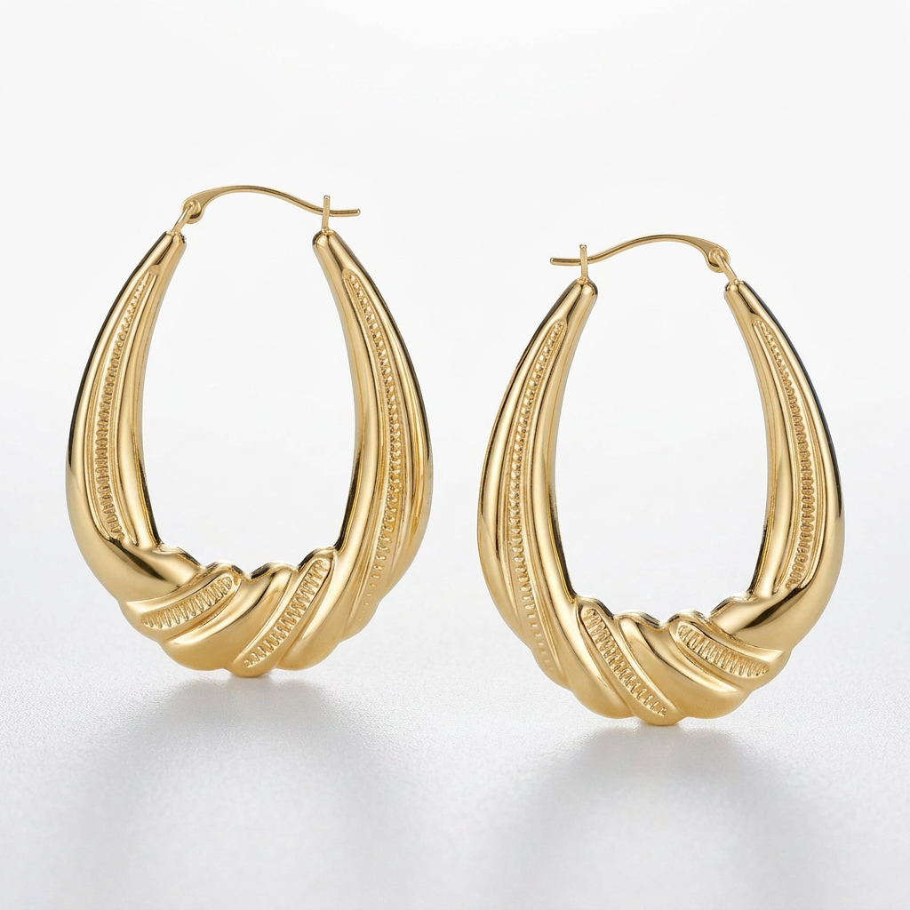 14k Yellow Gold Graduated Textured Oval Hoop Earrings  DestGlow