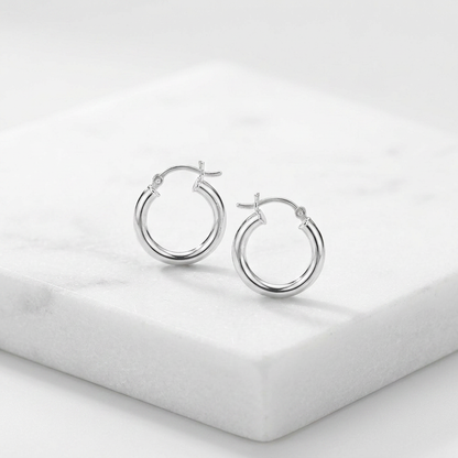 Sterling Silver Polished Hoop Style Earrings with Rhodium Plating (15mm)