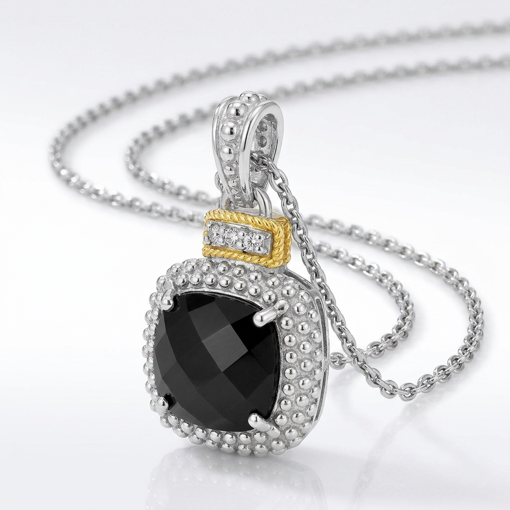 18k Yellow Gold &amp; Sterling Silver Popcorn Cushion Black Onyx and Diamond Pendant  DestGlow