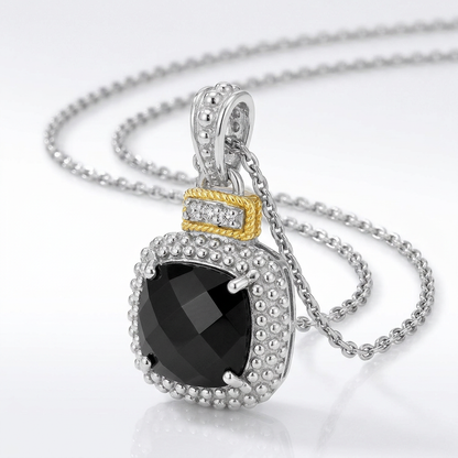 18k Yellow Gold &amp; Sterling Silver Popcorn Cushion Black Onyx and Diamond Pendant
