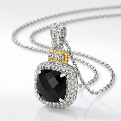 18k Yellow Gold &amp; Sterling Silver Popcorn Cushion Black Onyx and Diamond Pendant