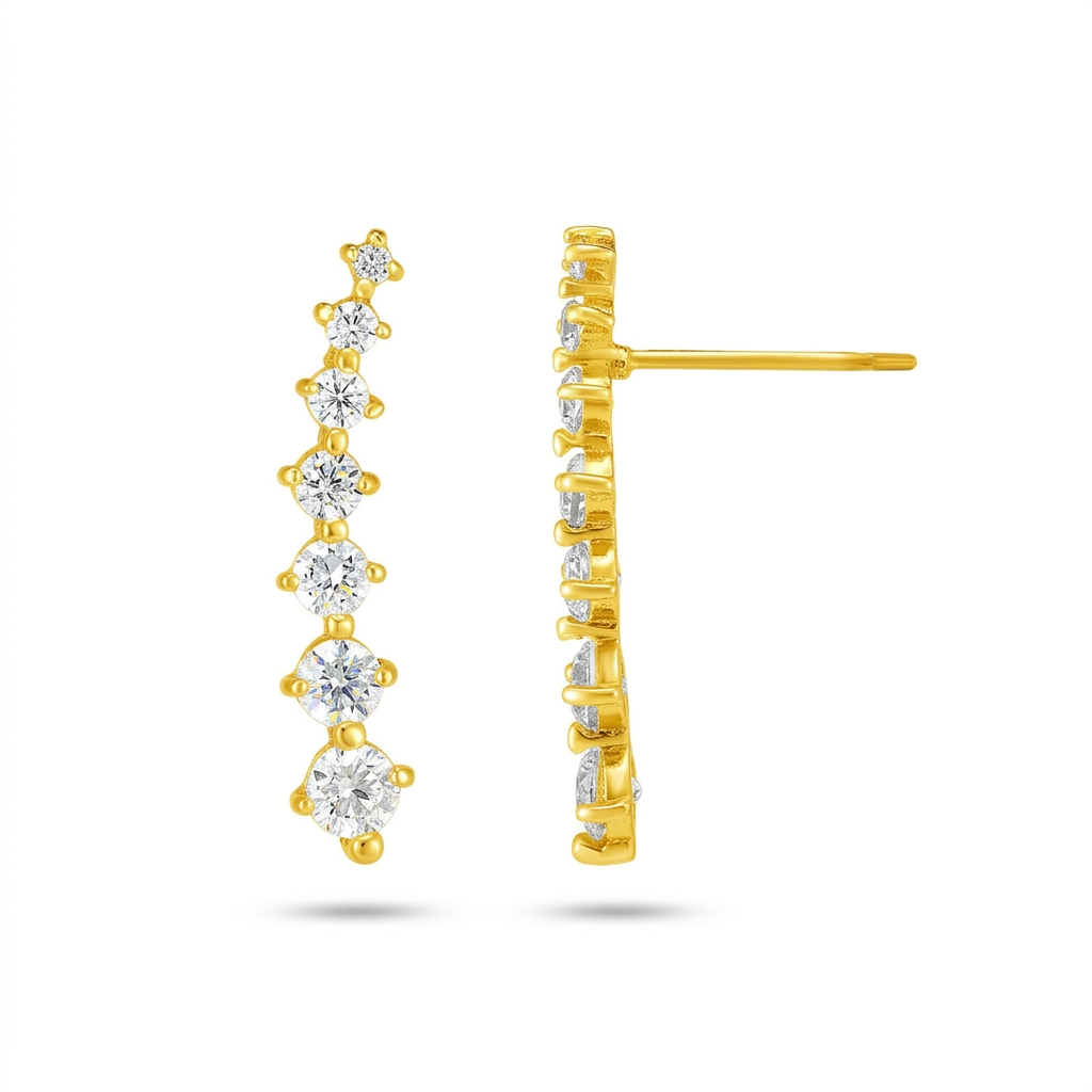 14k Yellow Gold Climber Post Earrings with Cubic Zirconias  DestGlow