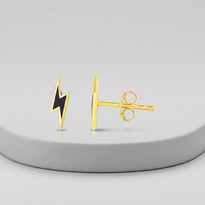 14k Yellow Gold and Enamel Black Lightning Bolt Stud Earrings