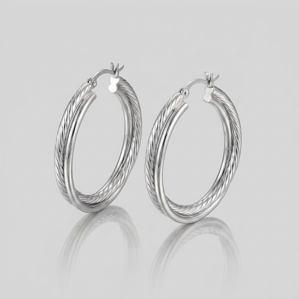 Sterling Silver Ridged Hoop Earrings with Textured Design  DestGlow