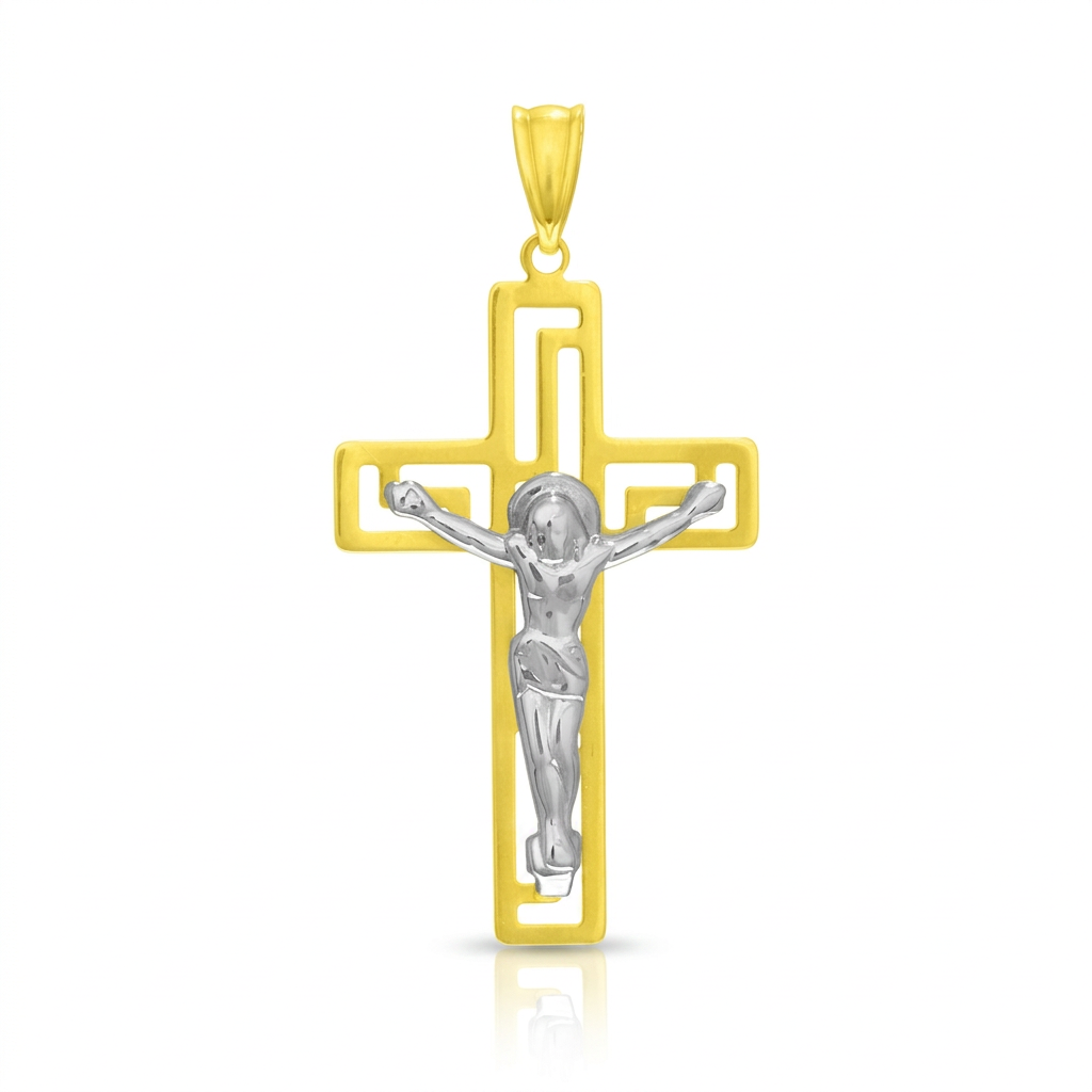 14k Two-Tone Gold Cross with Figure Pendant  DestGlow
