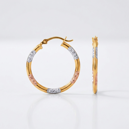 10k Tri-Color Gold Classic Hoop Earrings with Diamond Cut Details
