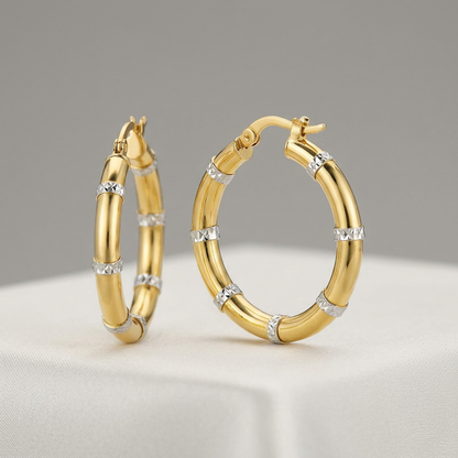 14k Two-Tone Gold Alternate Textured Hoop Earrings