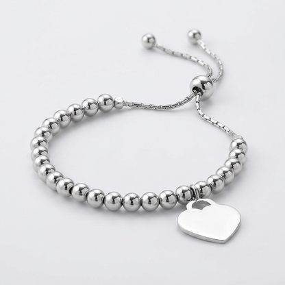 Adjustable Shiny Bead Bracelet with Heart Charm in Sterling Silver