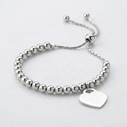 Adjustable Shiny Bead Bracelet with Heart Charm in Sterling Silver