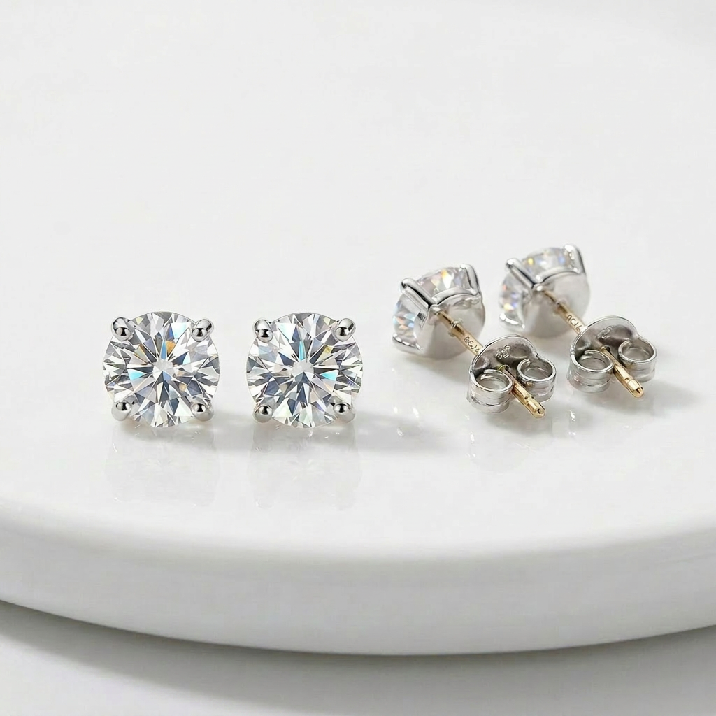 14 k WhiteGold Stud Earrings with White Hue Faceted Cubic Zirconia