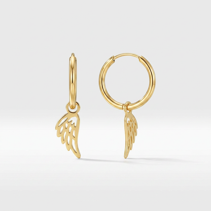 14K Yellow Gold Hoop Earrings with Angel Wings