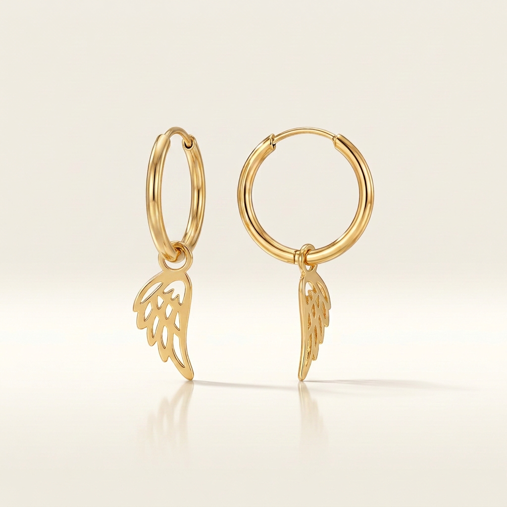 14K Yellow Gold Hoop Earrings with Angel Wings