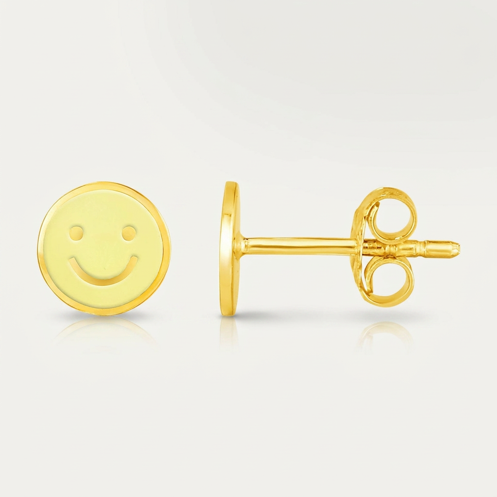 14k Yellow Gold and Enamel Yellow Smiley Face Stud Earrings  DestGlow