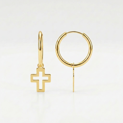 14K Yellow Gold Hoop Polished Earrings with Crosses