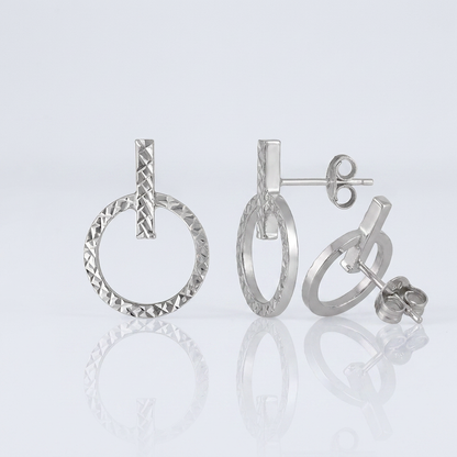 14k White Gold Textured Circle and Bar Post Earrings
