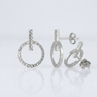 14k White Gold Textured Circle and Bar Post Earrings
