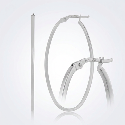 14k White Gold Slim Oval Shape Hoop Earrings