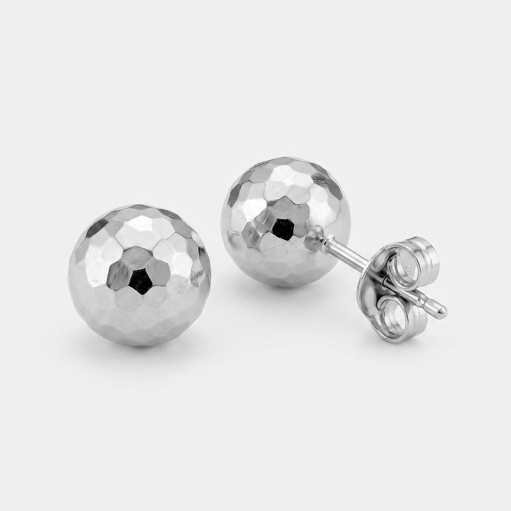 14 k White Gold Ball Earrings with Faceted Texture  DestGlow
