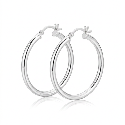 Sterling Silver Hoop Style Earrings with Polished Rhodium Plating (30mm)