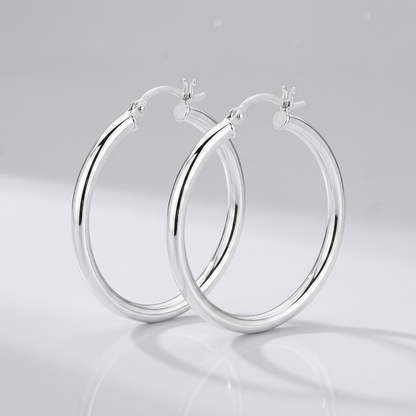 Sterling Silver Hoop Style Earrings with Polished Rhodium Plating (30mm)