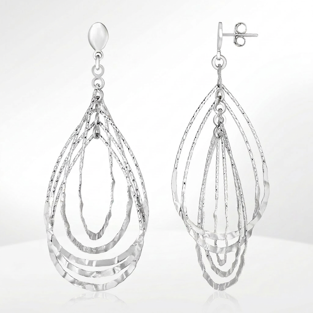 Sterling Silver Textured Teardrop Motif Dangle Earrings