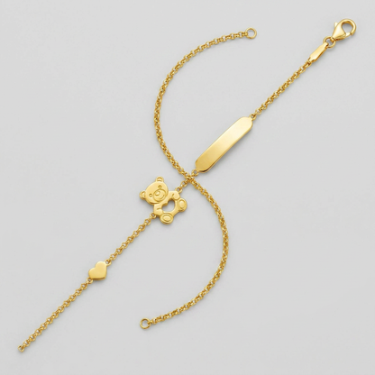 14k Yellow Gold Childrens Bracelet with Teddy Bear Heart and Bar