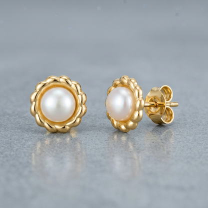 14k Yellow Gold Flower Stud Earrings with Pearls