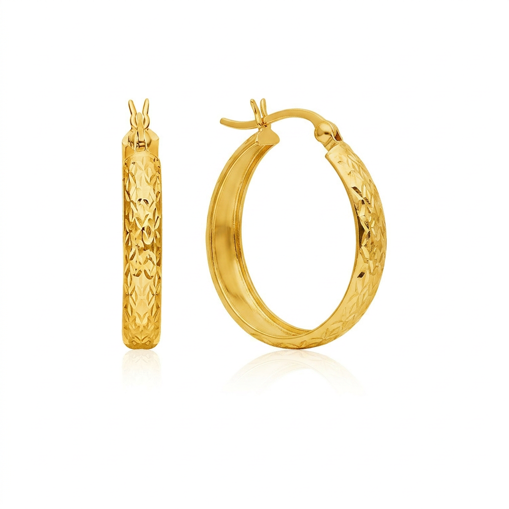 14k Yellow Gold Hammered Oval Hoop Earrings  DestGlow